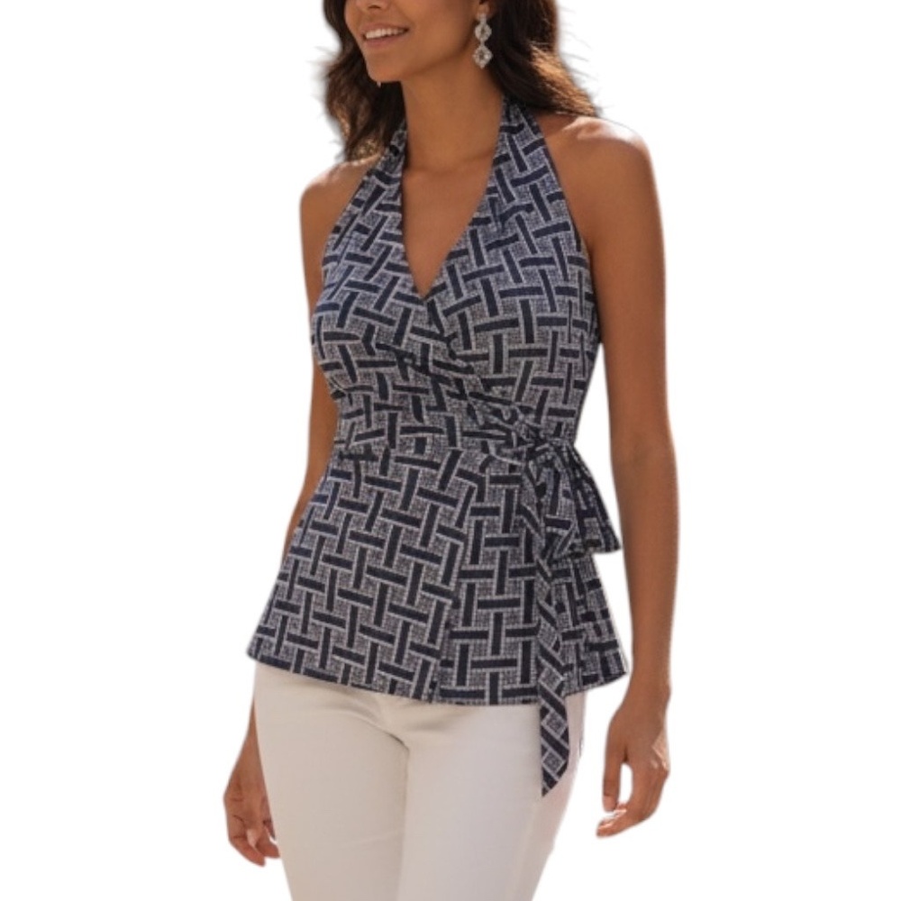 WHBM Women’s XXS Sleeveless Halter Wrap Top Blue/White Geometric Pattern